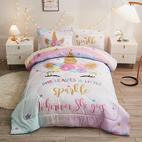 Cokouchyi Twin Comforter Set for Girls, 5-Piece Bed in a Bag, 3D Colorful Unicorn Bedding Comforter Sheet Set, Ultra Soft and Fluffly, Pink & Rainbow Color